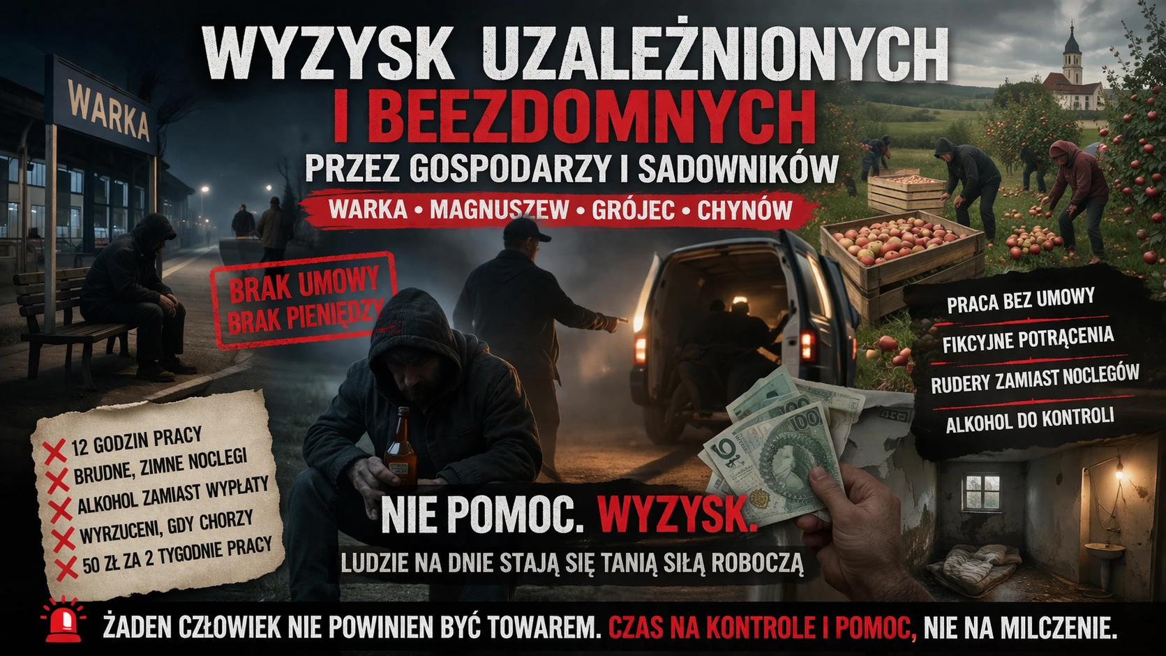 Ilustracja do artykułu: Sadownicze piekło: jak wykorzystuje się bezdomnych i uzależnionych w rejonie Warki