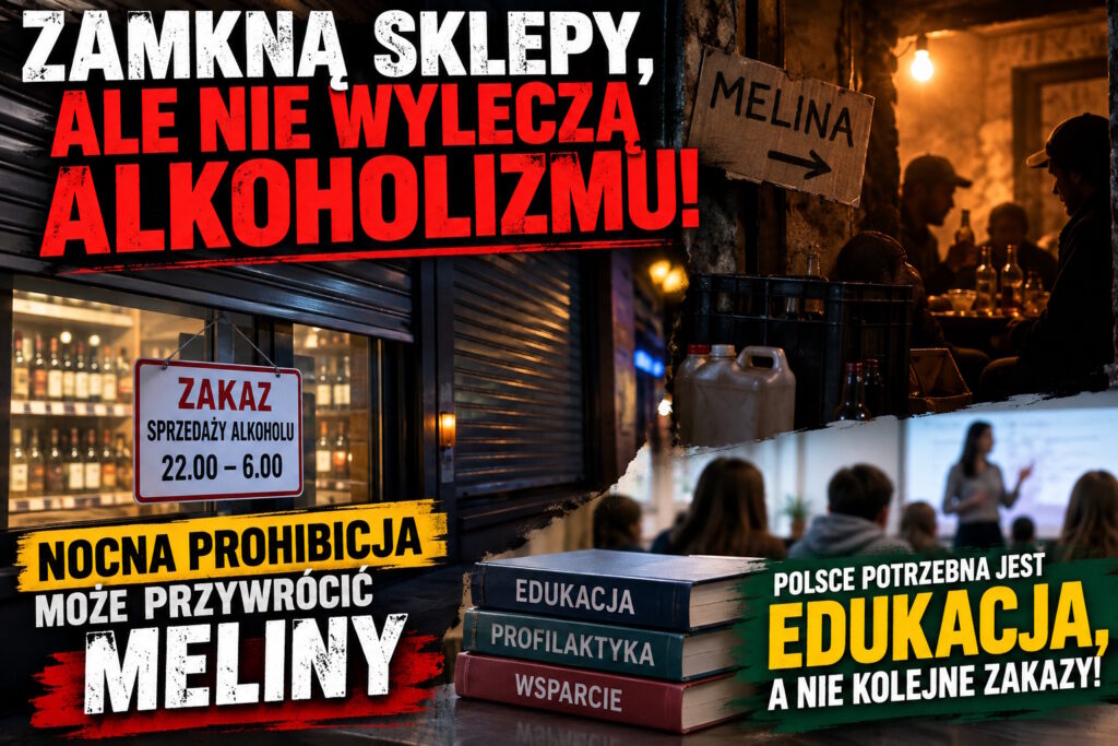 Ilustracja do artykułu: ZAMKNĄ SKLEPY, ALE NIE WYLECZĄ ALKOHOLIZMU! NOCNA PROHIBICJA MOŻE PRZYWRÓCIĆ MELINY. POLSCE POTRZEBNA JEST EDUKACJA, A NIE KOLEJNE ZAKAZY!