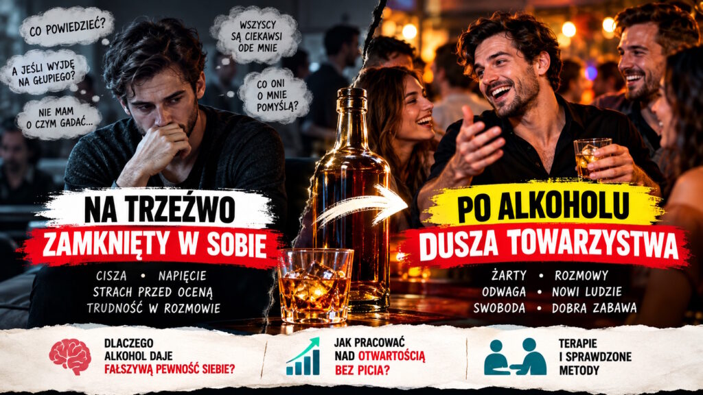 Ilustracja do artykułu: Na trzeźwo zamknięty w sobie, po alkoholu dusza towarzystwa – dlaczego tak się dzieje i czy można nauczyć się otwartości bez picia?